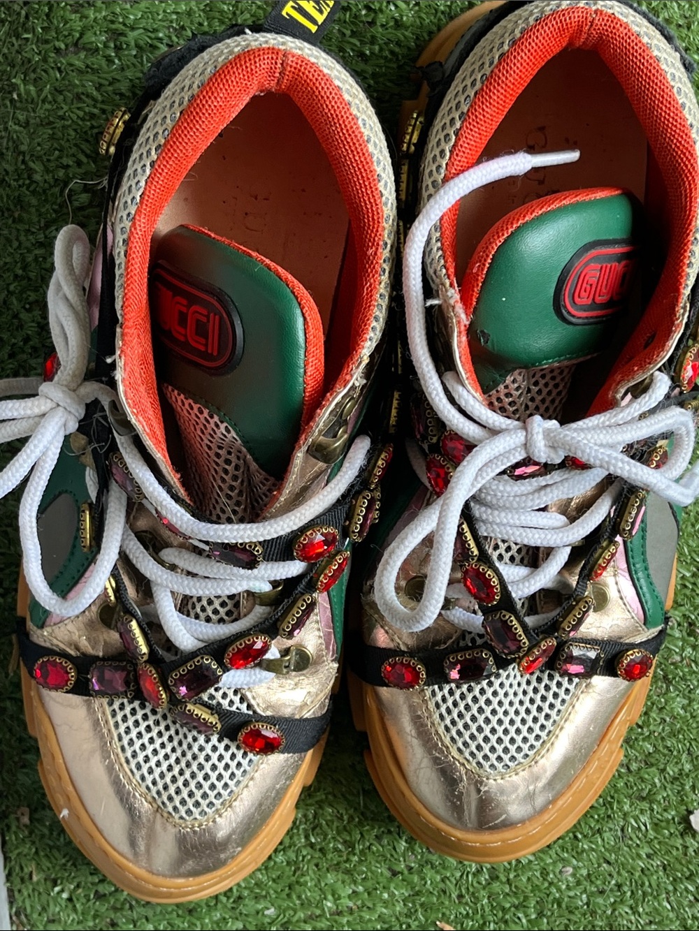 Gucci Multicolor Embellished Sneakers - Green, Gold & Orange